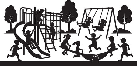 Black and white vector silhouette of children playing at a playground with slides swings climbing...