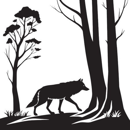 Lone wolf walking in the wild between tall trees silhouette