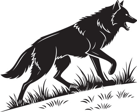 Wild wolf walking up a grassy hill silhouette illustration