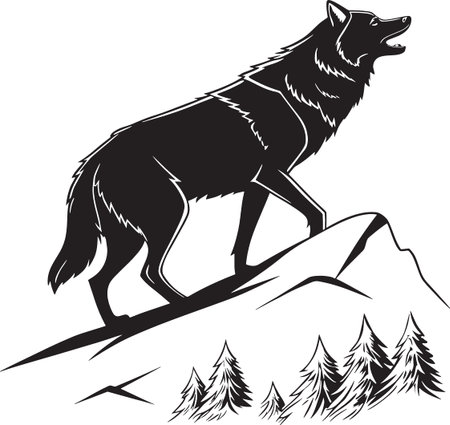 Wolf howling on a mountain peak near evergreen trees silhouette