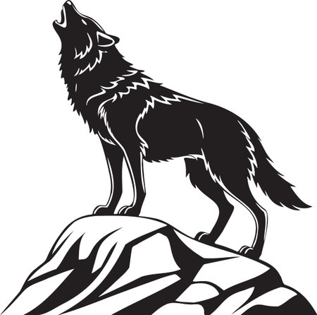 Wolf howling on a steep rocky peak silhouette illustration