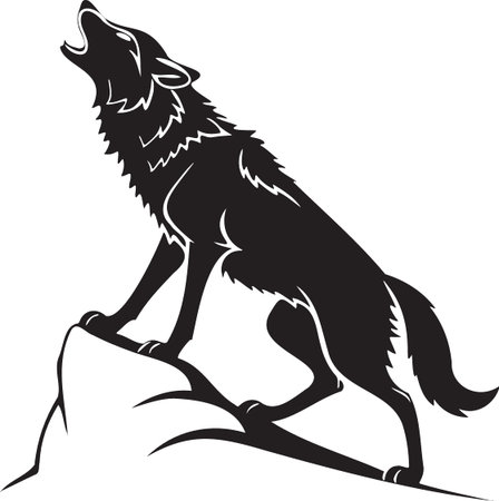 Majestic wolf howling standing on a cliff edge silhouette
