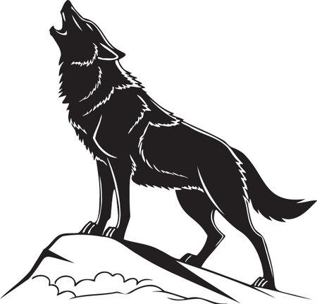 Profile of a wolf howling on a mountain rock silhouette art