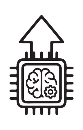 Artificial intelligence brain chip icon with upward growth arrow