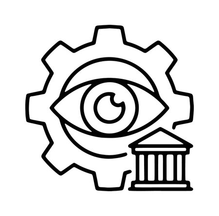 Regulatory oversight icon with eye gear and government buildingのイラスト素材