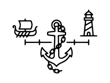 Maritime anchor icon with ship and lighthouse for sea navigation stability