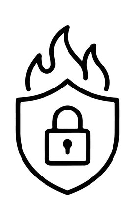 Protection shield with padlock icon surrounded by fire flames