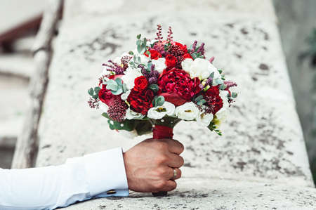 wedding bouquet on a stoneの写真素材