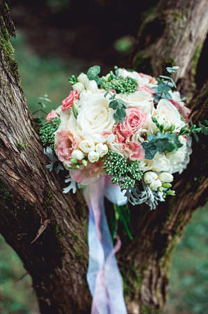 luxurious bridal bouquet of white peonies and roses on the treeの写真素材