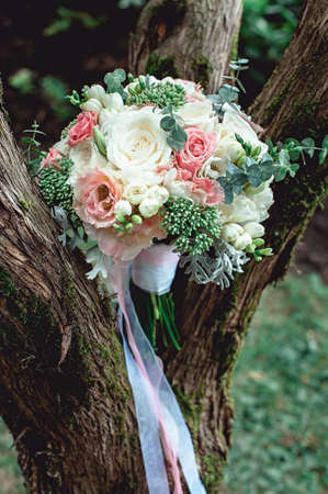 luxurious bridal bouquet of white peonies and roses on the treeの写真素材