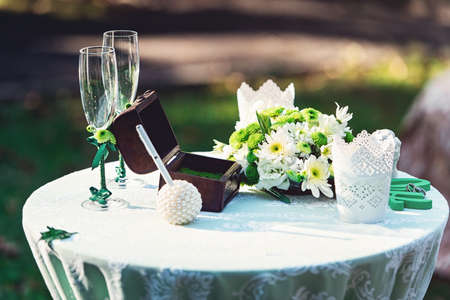 green wedding decorations. table decorated with a green clothの写真素材