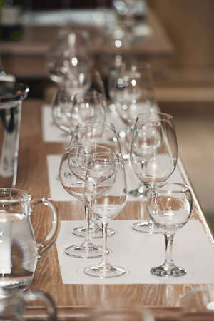 a lot of different wine glasses at wine tastingの写真素材