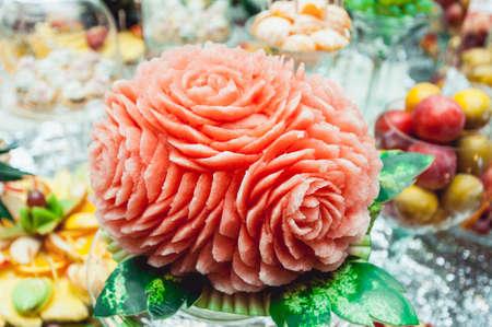 beautiful watermelon carving on the table on wedding candybarの写真素材
