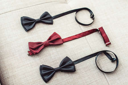 Three bow ties, two black and one red. Team work, career, hipster, wedding concept.の写真素材
