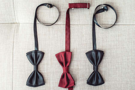 Three bow ties, two black and one red. Team work, career, hipster, wedding concept.の写真素材