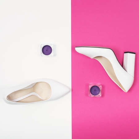 Stylish Trendy white heels . Summer fashion Outfit, Luxury Party shoes. Hipster Essentials. Minimal fashion conceptの写真素材