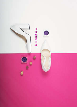 Stylish Trendy white heels . Summer fashion Outfit, Luxury Party shoes. Hipster Essentials. Minimal fashion conceptの写真素材