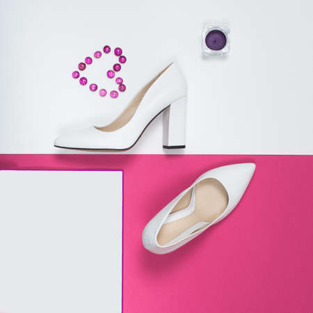 Stylish Trendy white heels . Summer fashion Outfit, Luxury Party shoes. Hipster Essentials. Minimal fashion conceptの写真素材