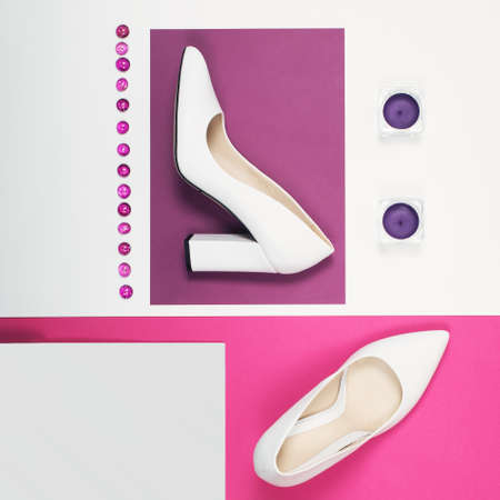 Stylish Trendy white heels . Summer fashion Outfit, Luxury Party shoes. Hipster Essentials. Minimal fashion conceptの写真素材