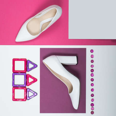 Stylish Trendy white heels . Summer fashion Outfit, Luxury Party shoes. Hipster Essentials. Minimal fashion conceptの写真素材