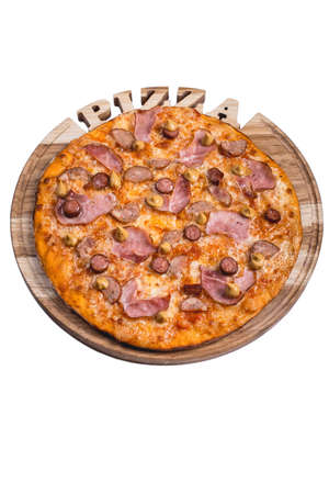 Italian pizza with ham sausage and mustard. A series of different types of pizza for menus photographed from one angleの写真素材