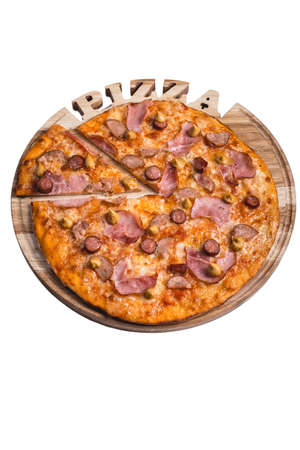 Italian pizza with ham sausage and mustard. A series of different types of pizza for menus photographed from one angleの写真素材