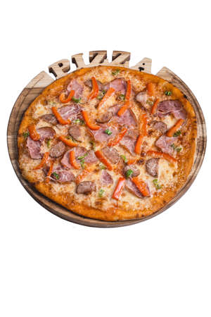 Italian pizza with ham sausage and pepper. A series of different types of pizza for menus photographed from one angleの写真素材
