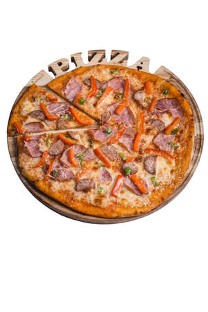 Italian pizza with ham sausage and pepper. A series of different types of pizza for menus photographed from one angleの写真素材