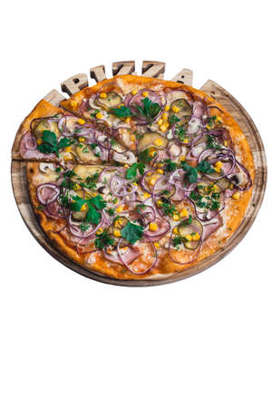 Italian pizza with ham corn cucumber and onion. A series of different types of pizza for menus from one angleの写真素材