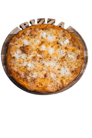 Italian Pizza 4 Formaggi with mozzarella parmesan Gorgonzola and fontina . A series of different types of pizza for menus photographed from one angleの写真素材