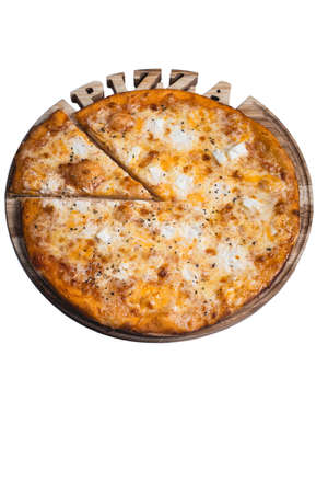 Italian Pizza 4 Formaggi with mozzarella parmesan Gorgonzola and fontina . A series of different types of pizza for menus photographed from one angleの写真素材