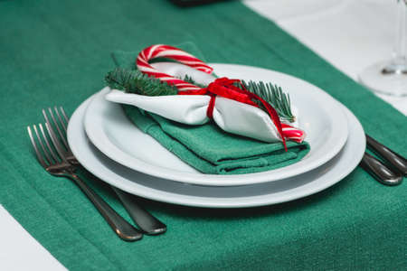 Served New Year or Christmas table closeup. Luxury restaurant