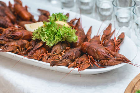 a plate of red boiled crayfishの写真素材