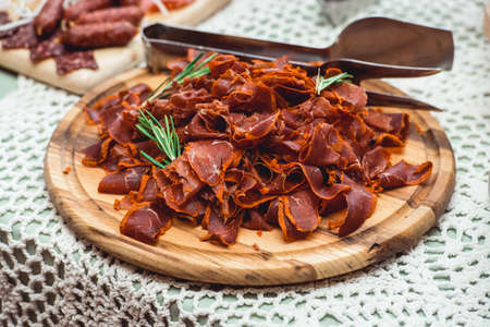 dish with chopped sausageの写真素材