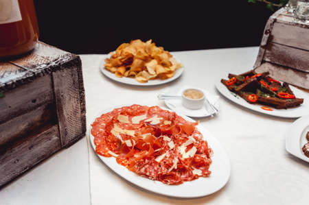 dish with chopped prosciuttoの写真素材