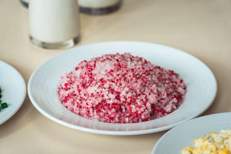 Chopped Meat with vegetables on the plate. A set of products for okroshka. Traditional Russian dish okroshka.の写真素材