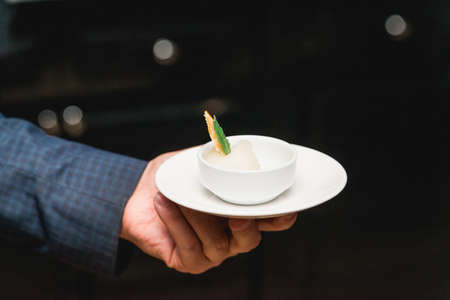 Hand in a suit holds lemon sorbetの写真素材