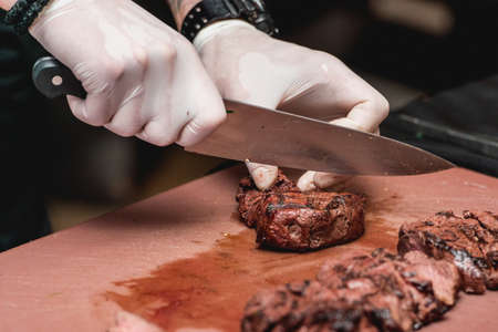 hands of chef making healthy fresh fajitas or fajitos with beef. Easy, but tasty, healthy. National Mexican food, fresh oganic food.の写真素材