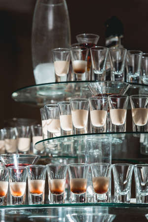 different alcohol drinks on a glass stand. wine, champagne, cognac, vodka, martiniの写真素材