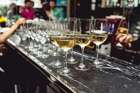 row of white wine glasses. bar in the expensive restaurantの写真素材