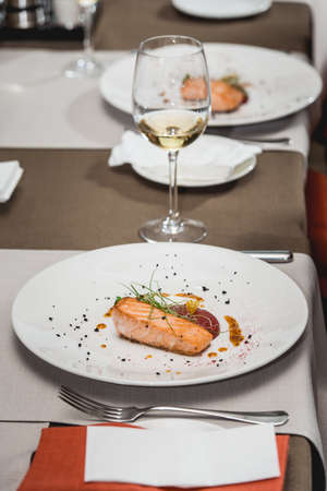 delicious salmon in a restaurant. small portionの写真素材