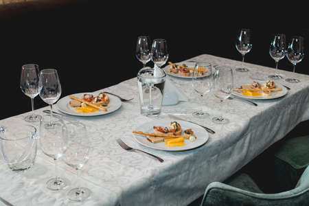 Table served for a wine tasting. Snacks with Pasta, Cheese, Vegetables. Spain tapas recipe food...
