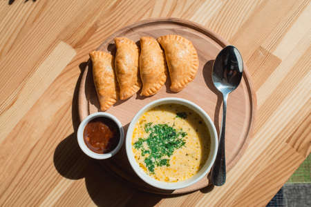 A delicious chicken cream soup from chefの写真素材