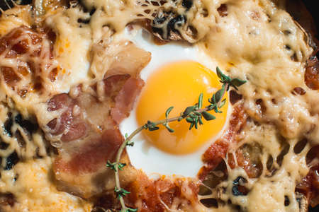 tortilla con potatos. Typical spanish dish with bacon cheese tomato sauce and eggの写真素材