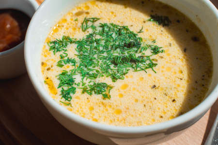 A delicious chicken cream soup from chefの写真素材
