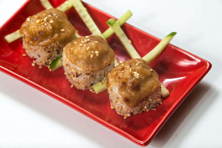 Japanese sushi rolls on a red plate. close viewの写真素材