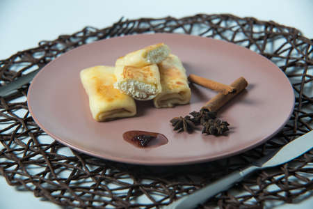 pancakes with cottage cheese , homemade traditional Ukrainian dish nalysnyky.の写真素材