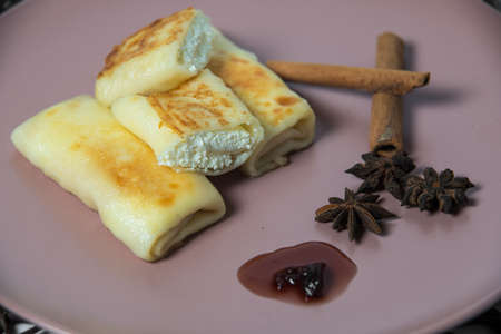 pancakes with cottage cheese , homemade traditional Ukrainian dish nalysnyky.の写真素材