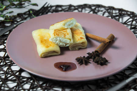 pancakes with cottage cheese , homemade traditional Ukrainian dish nalysnyky.の写真素材