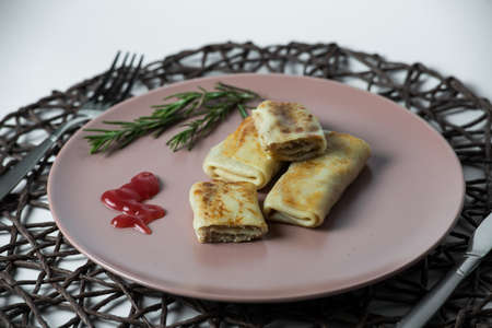 pancakes with cottage meat, homemade traditional Ukrainian dish nalysnyky.の写真素材